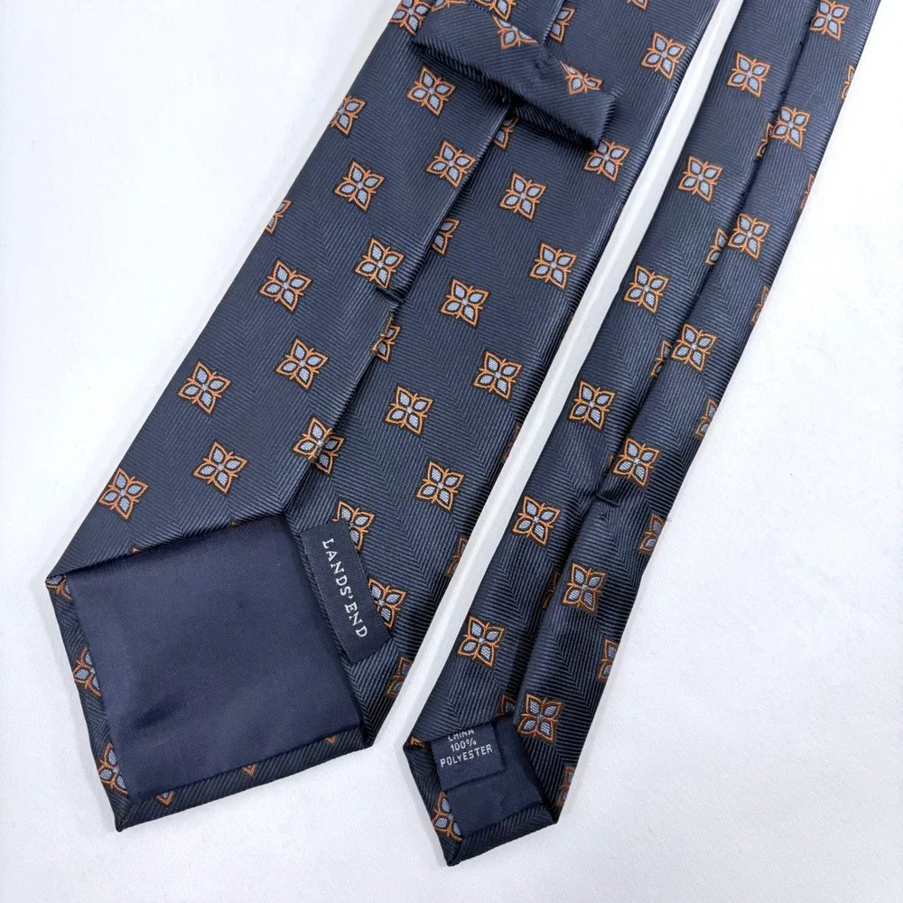 Lands' End Necktie Navy Blue Orange Geometric Medallion Herringbone Polyeser Tie